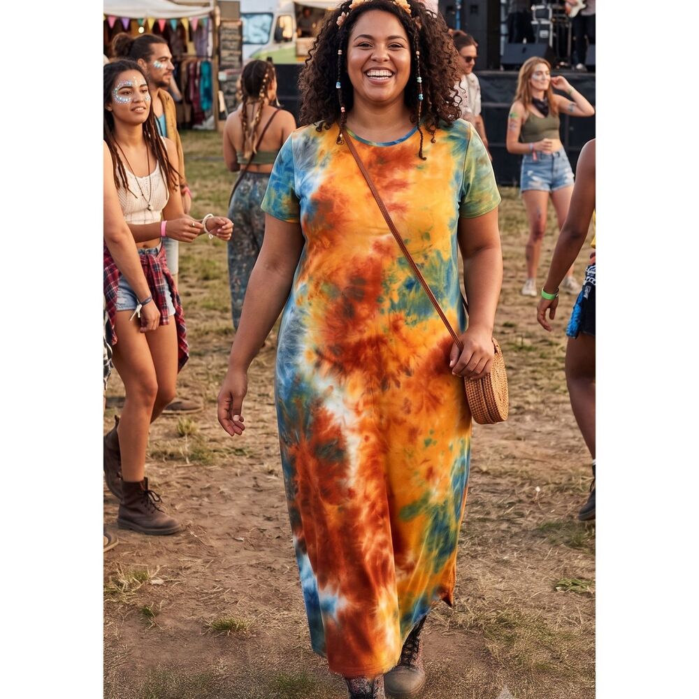 Lexington Ave Blue Copper Multi Tie Dye Short Sleeve Maxi Dress Plus 1X